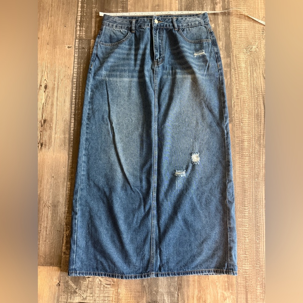 Long Denim Skirt with Distressed Details